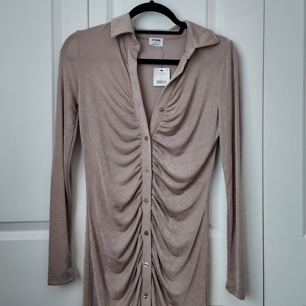 Cotton On Textured Slinky Ruched Midi Shirt Dress Beige Size Small